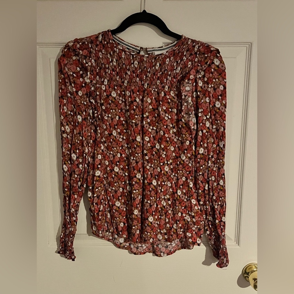 Knox Rose Womens Blouse, Boho Long Sleeve Pink Black Floral Peasant Size Small